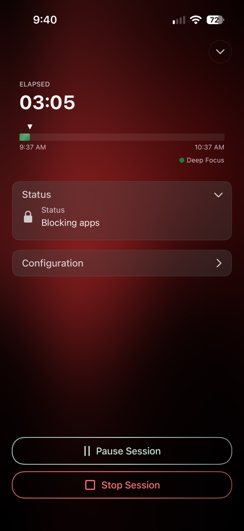 An active session: 3 minutes elapsed of a session running until 10:37 AM, blocking apps, with Pause Session and Stop Session buttons.