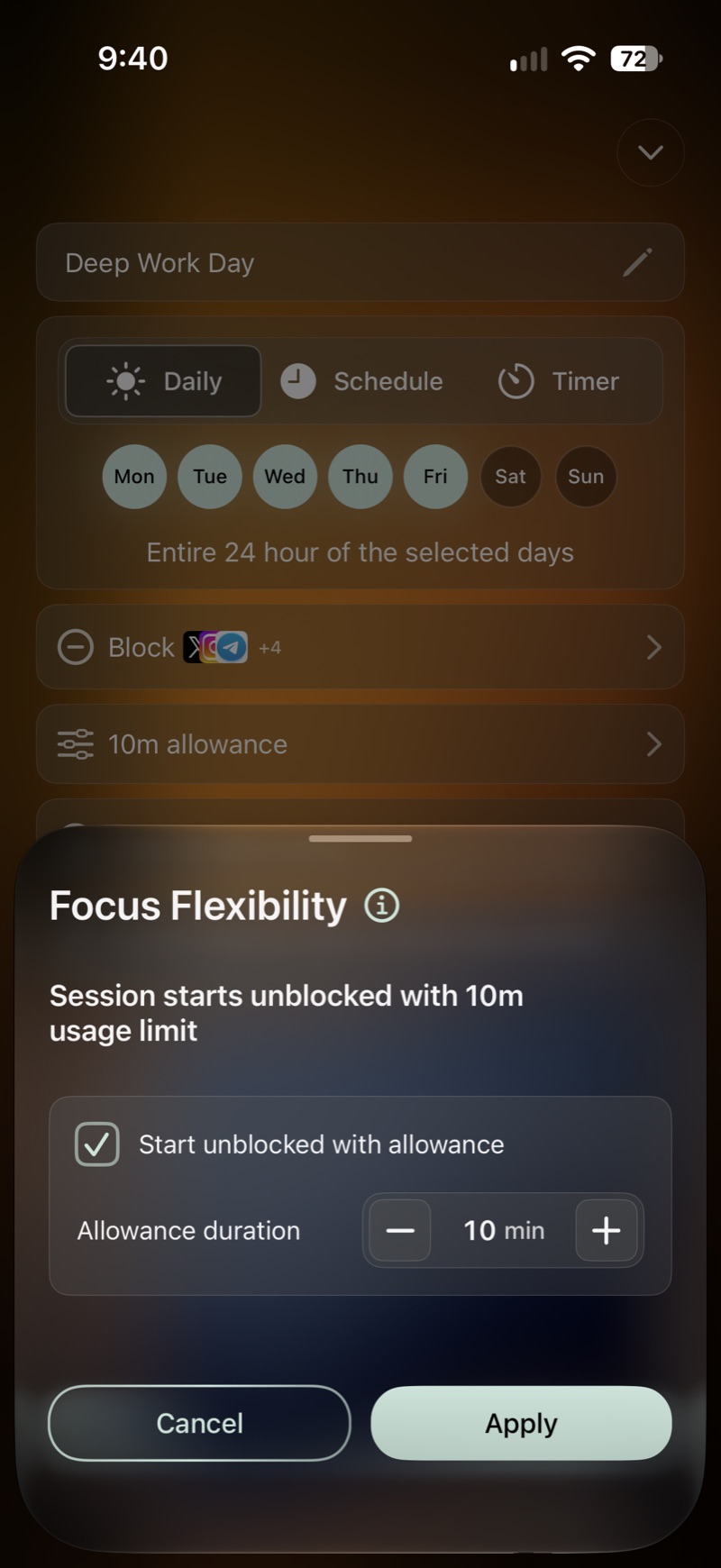 The Focus Flexibility sheet: start unblocked with an allowance, set to 10 minutes.